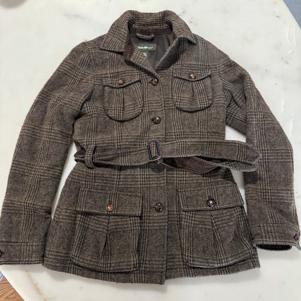 Eddie Bauer Wool Mohair Alpaca Blazer Coat Brown Plaid Belted Jacket Womens XS